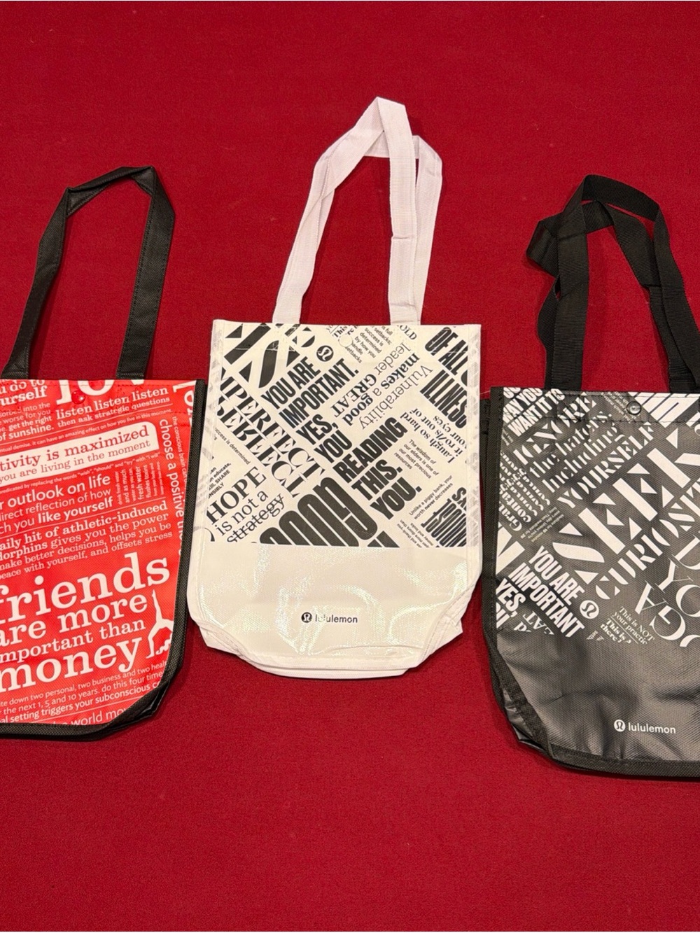 Lululemon 3 Small Reusable Shopping Tote Bags Black White Red